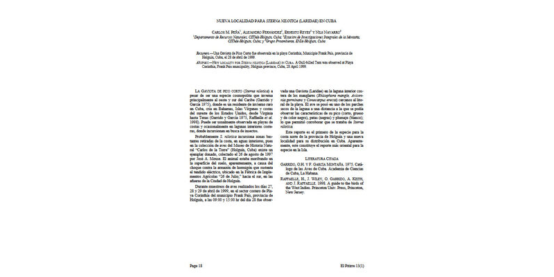 Nueva localidad para Sterna nilotica (Laridae) en Cuba.